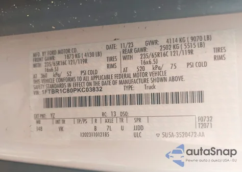 2023 Ford Transit T-250 from USA, damaged, VIN 1FTBR1C80PKC03832